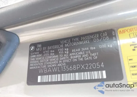 2008 BMW 328I из США, поврежденный, VIN WBAWL13568PX22054